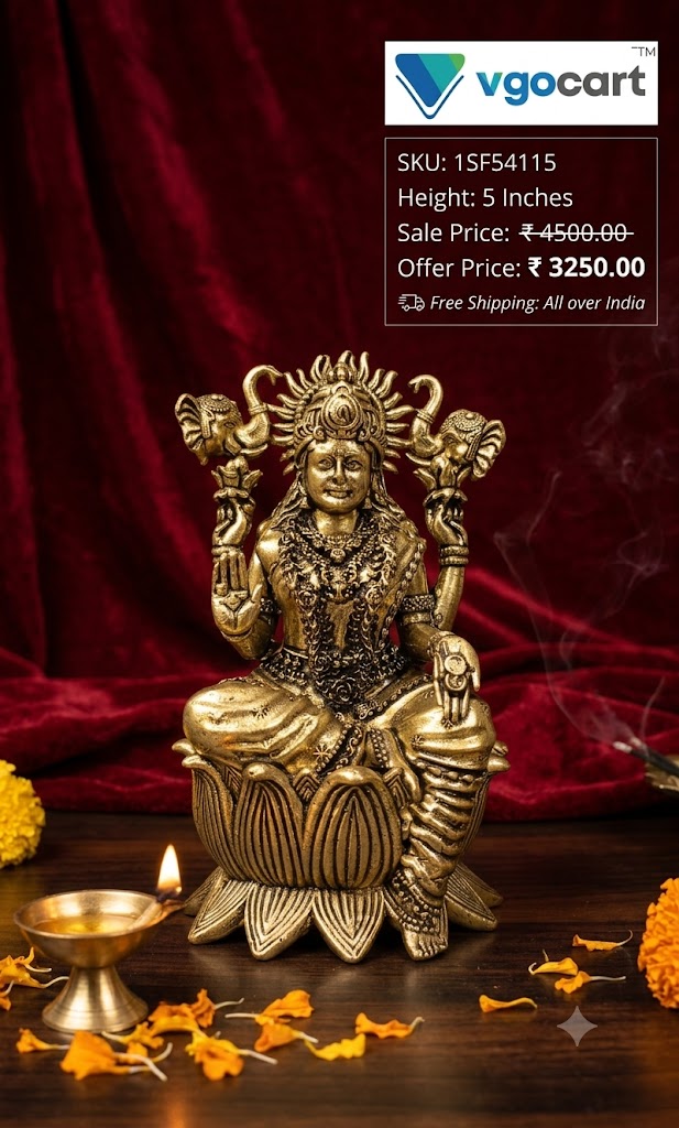 Premium Brass Fine Art Gajalakshmi Statue | Antique Goddess Lakshmi with Elephants for Vastu & Sacred Mandir Decor (India)