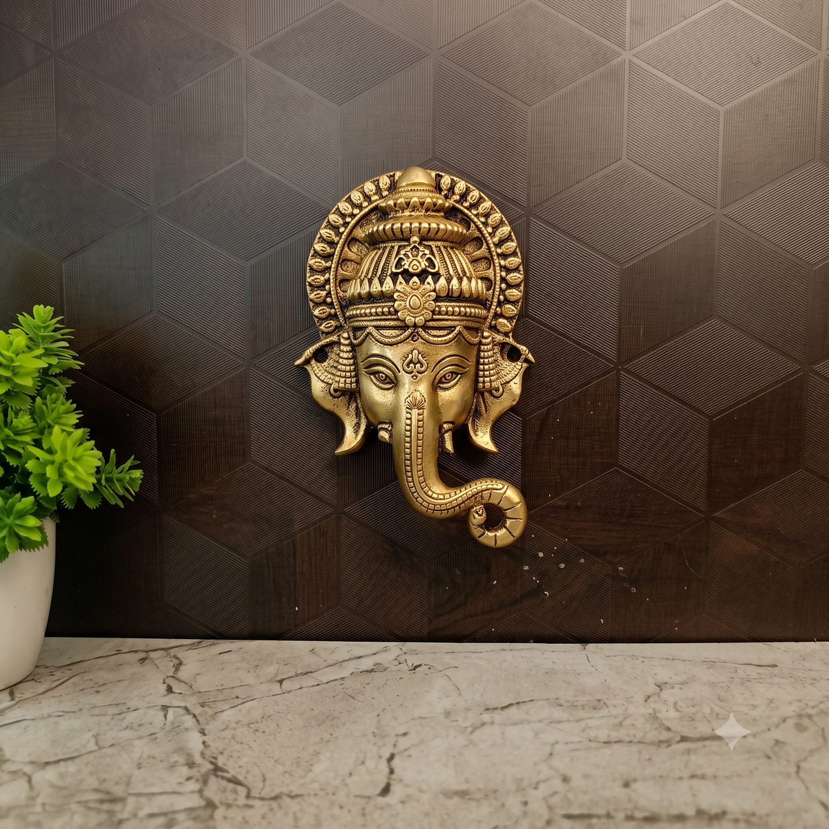 Premium Brass Fine Art Ganesha Face Wall Mount | Majestic Ganapati Mask for Vastu & Main Door Protection