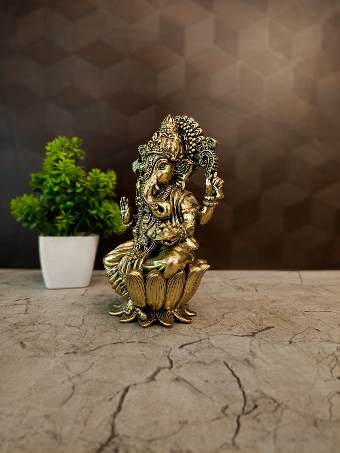 Premium Fine Art Brass Ganesha on Lotus | Exquisite Kamal Ganapati Idol for Vastu Prosperity & Luxury Decor