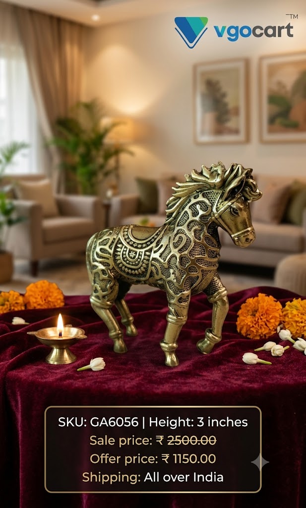 Imperial Engraved Brass Royal Horse | Antique Ceremonial Stallion Figurine for Vastu & Luxury Living Decor