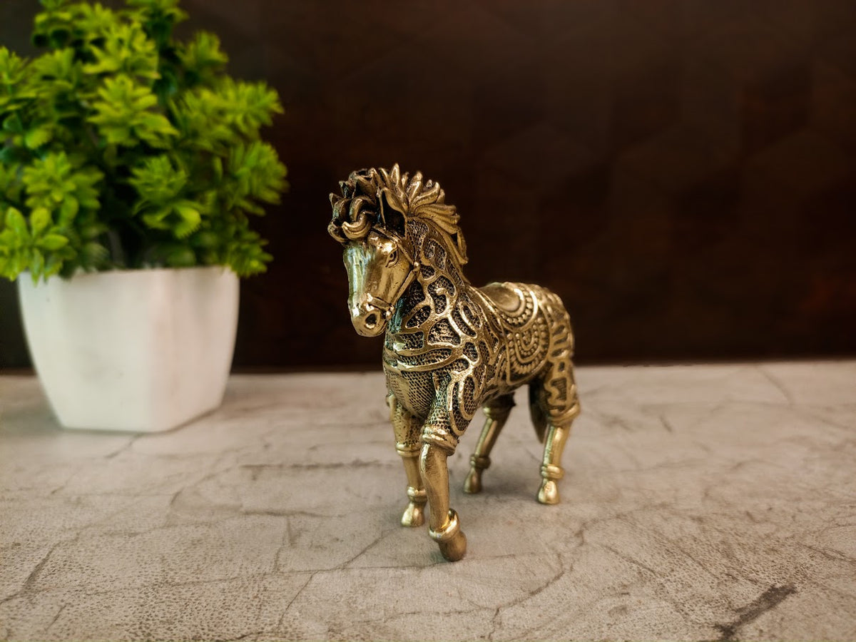 Imperial Engraved Brass Royal Horse | Antique Ceremonial Stallion Figurine for Vastu & Luxury Living Decor