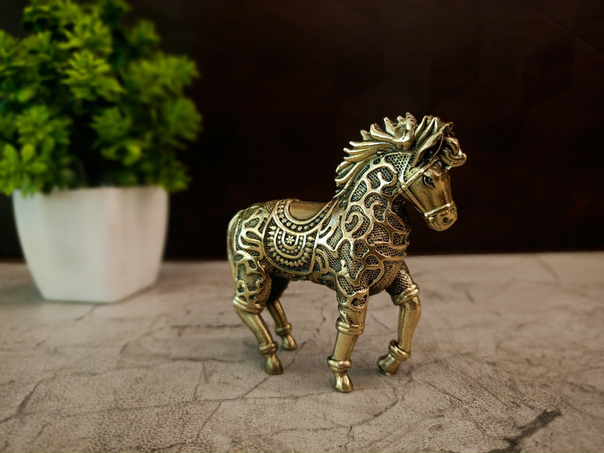 Imperial Engraved Brass Royal Horse | Antique Ceremonial Stallion Figurine for Vastu & Luxury Living Decor