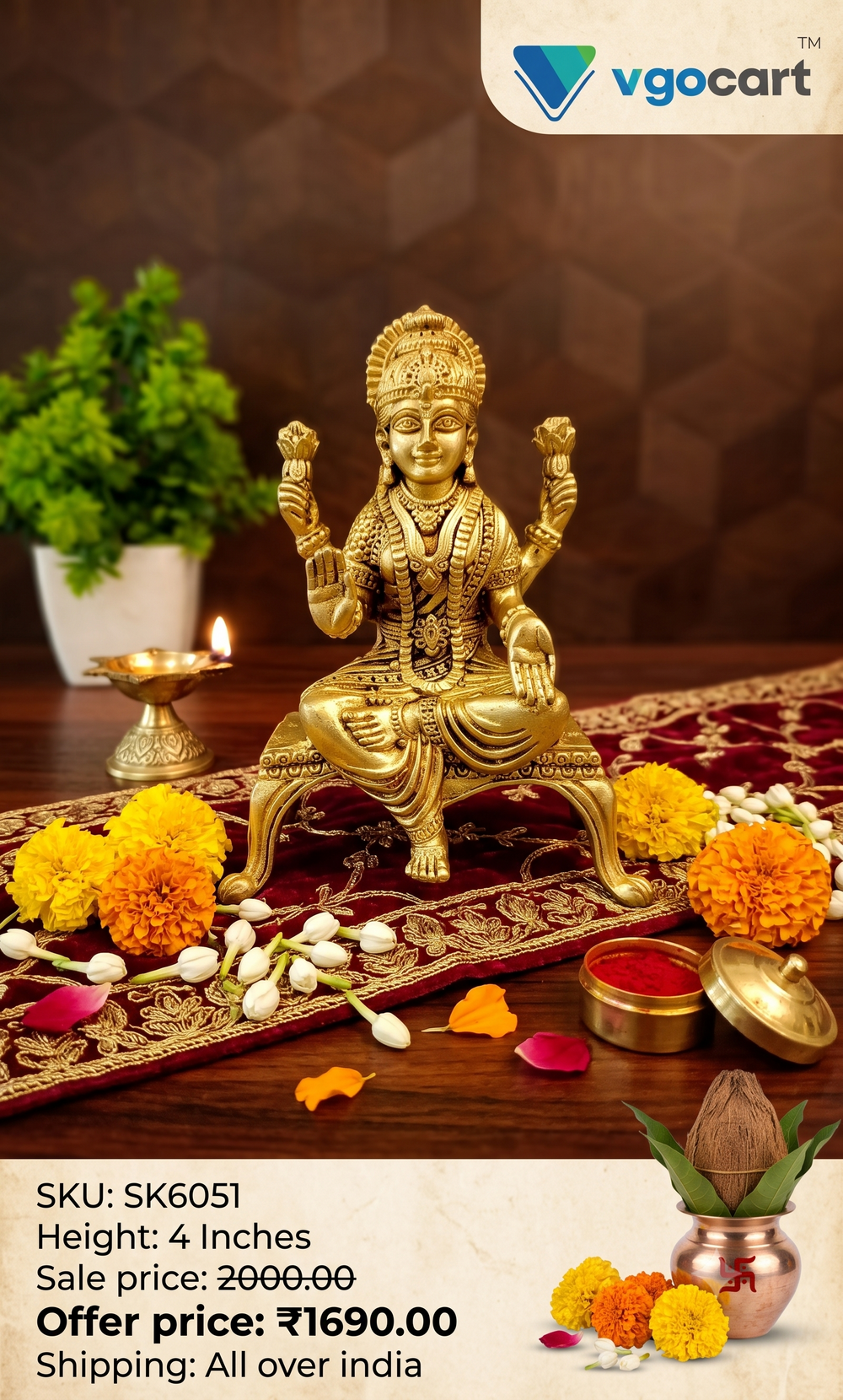 Handcrafted Brass Lakshmi Statue on Stand | Goddess Mahalakshmi Idol for Wealth & Vastu
