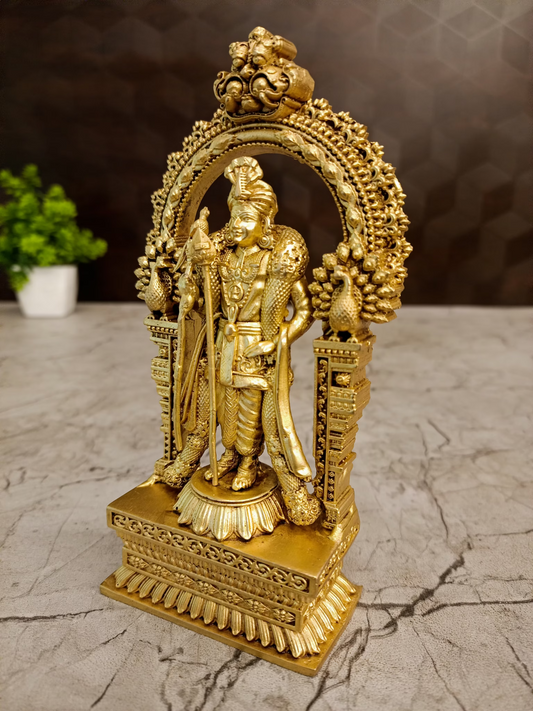 6 inch Brass Murugan idol with ornate Peacock Prabhavali for pooja room