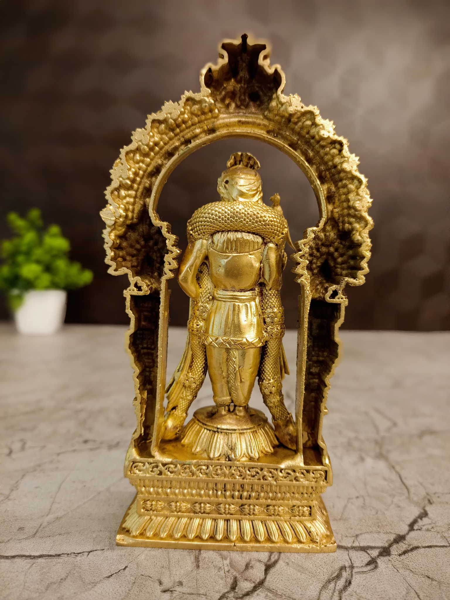 Antique golden Brass Thiruchendur Murugan deity idol with detailed temple arch