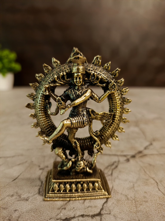 Antique Brass Nataraja Idol | Traditional Lord Shiva Dancing Statue with Prabhavali | 3 Inch Brass Nataraja for Pooja Room & Home Décor