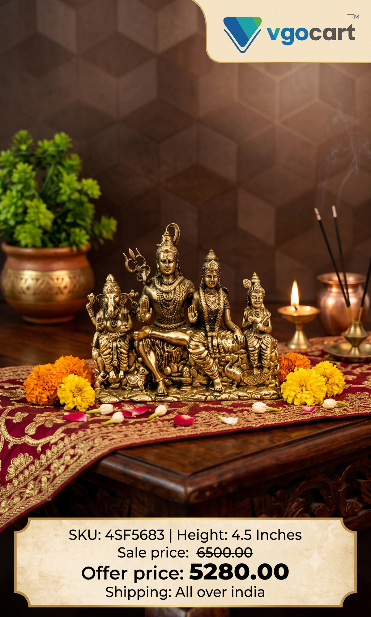 Premium Brass Fine Art Shivan Family Idol | Majestic Shiva Parivar Statue for Pooja & Vastu