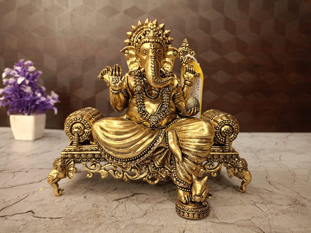 Premium Brass Fine Art Ganesha on Royal Sofa | Antique Vastu Vinayagar for Pooja Mandir & Wedding Gift (India)