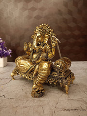 Premium Brass Fine Art Ganesha on Royal Sofa | Antique Vastu Vinayagar for Pooja Mandir & Wedding Gift (India)