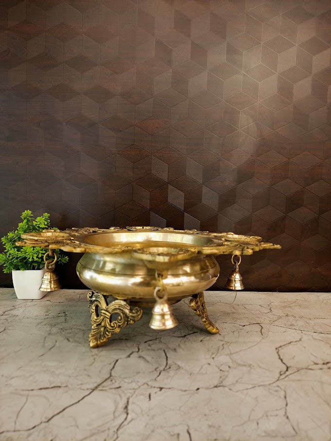 Premium Brass 4-Diya Uruli | Majestic Floating Flower Bowl with Four Lamps for Vastu & Luxury Entryway Decor