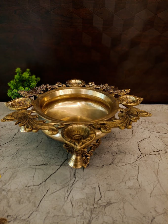 Premium Brass 4-Diya Uruli | Majestic Floating Flower Bowl with Four Lamps for Vastu & Luxury Entryway Decor