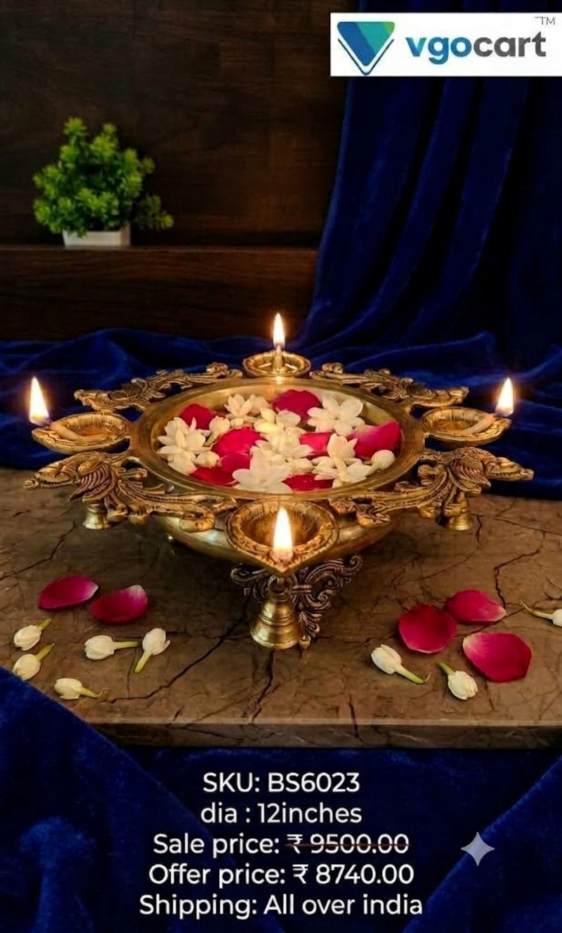 Premium Brass 4-Diya Uruli | Majestic Floating Flower Bowl with Four Lamps for Vastu & Luxury Entryway Decor
