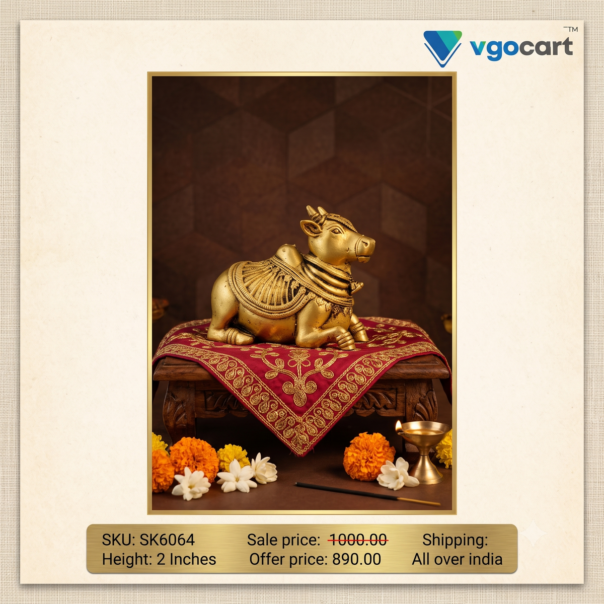 Premium Brass Fine Art Nandi Idol | Sacred Shiva Bull Statue for Pooja & Vastu