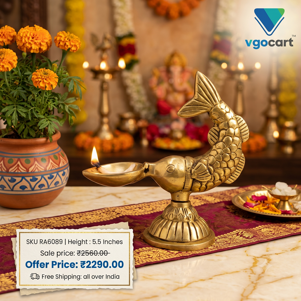 Antique Brass Fish Diya | Traditional Matsya Single Face Brass Oil Lamp | 5.5 Inch Pooja Deepam for Home Decor & Festive Worship
