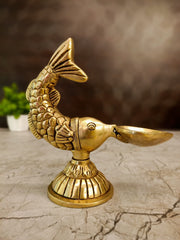 Antique Brass Fish Diya | Traditional Matsya Single Face Brass Oil Lamp | 5.5 Inch Pooja Deepam for Home Decor & Festive Worship