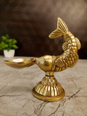 Antique Brass Fish Diya | Traditional Matsya Single Face Brass Oil Lamp | 5.5 Inch Pooja Deepam for Home Decor & Festive Worship