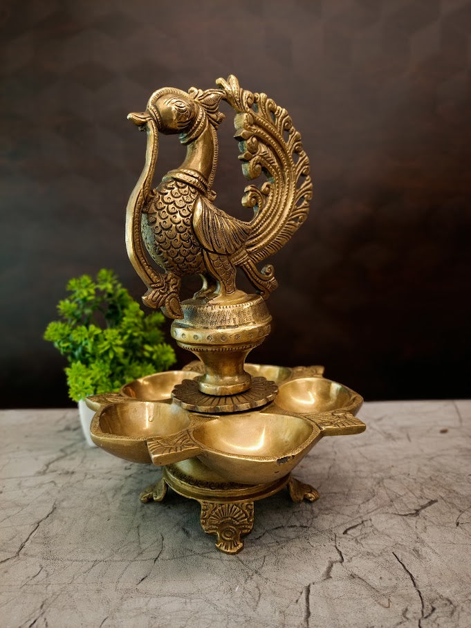 Premium Brass Panchamukhi Peacock Diya | 5-Face Mayur Vilakku for Vastu, Pooja & Festive Decor