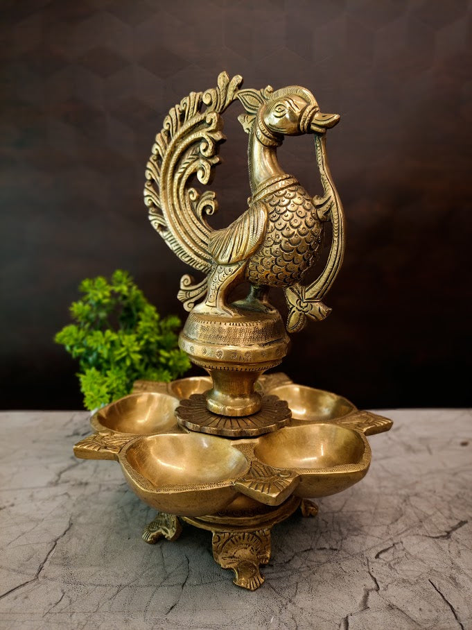 Premium Brass Panchamukhi Peacock Diya | 5-Face Mayur Vilakku for Vastu, Pooja & Festive Decor