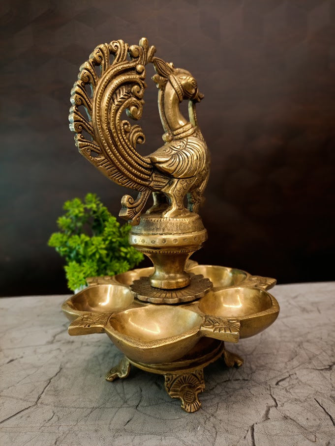 Premium Brass Panchamukhi Peacock Diya | 5-Face Mayur Vilakku for Vastu, Pooja & Festive Decor