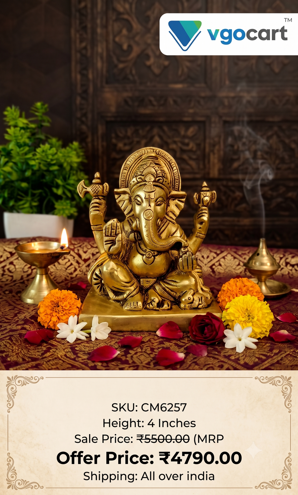 Premium Brass Rectangle Sofa Ganesha Idol | Relaxed Ganapati Statue for Vastu, Wealth & Home Decor