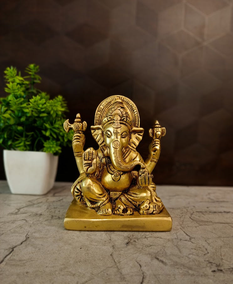 Premium Brass Rectangle Sofa Ganesha Idol | Relaxed Ganapati Statue for Vastu, Wealth & Home Decor