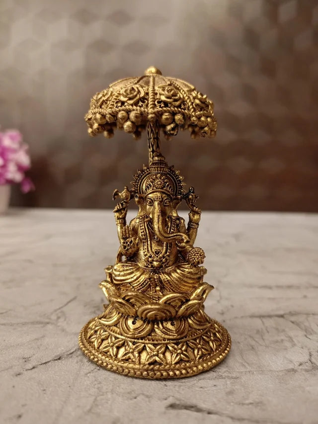 Premium Fine Art Brass Ganesha with Umbrella | Royal Chattra Ganapati for Vastu Protection & Luxury Heritage Decor