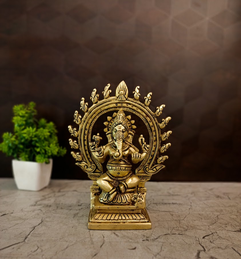 Premium Brass Unique Arch Ganesha Idol | Divine Vighnaharta Statue with Ornate Prabhavali for Vastu & Decor