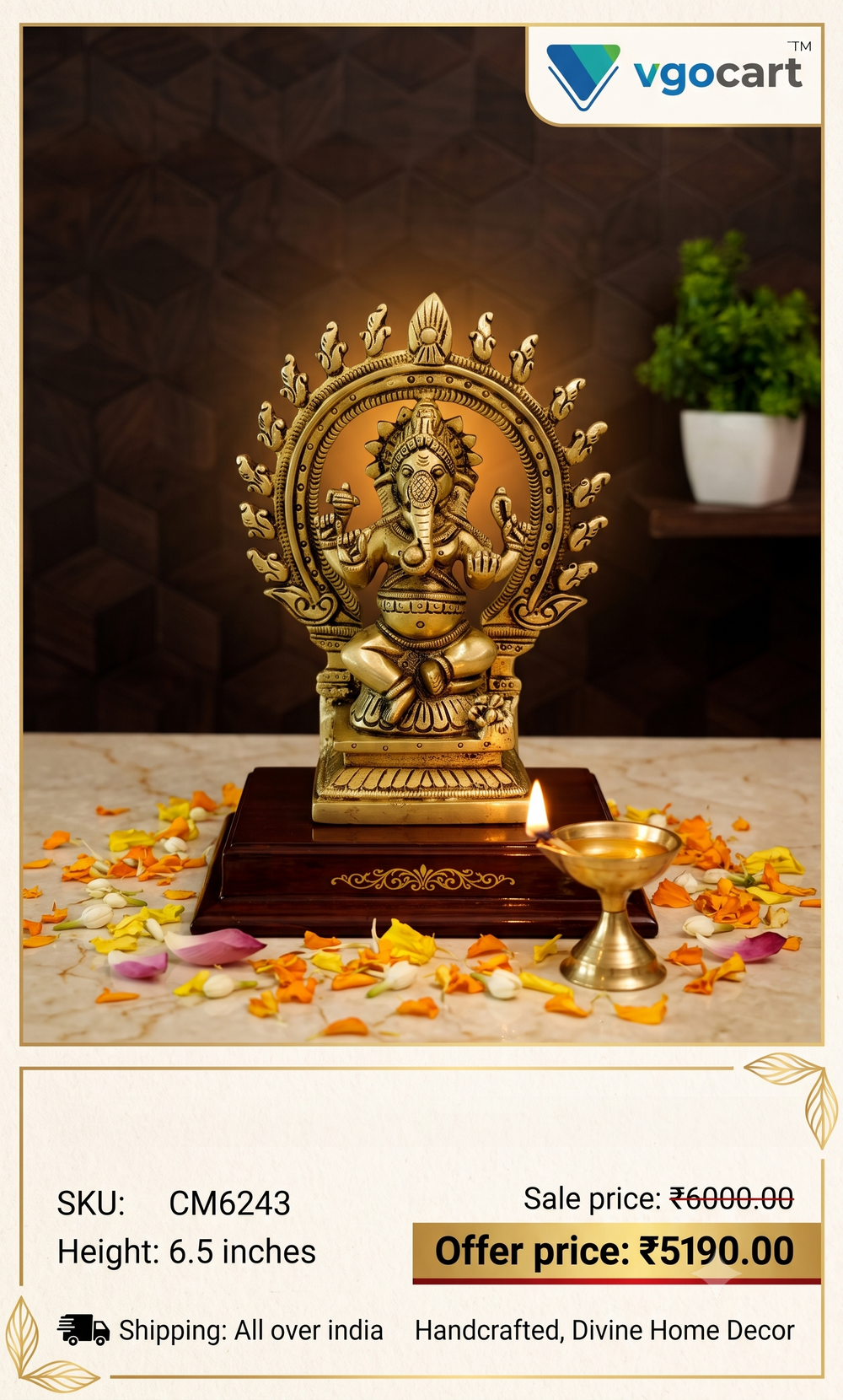 Premium Brass Unique Arch Ganesha Idol | Divine Vighnaharta Statue with Ornate Prabhavali for Vastu & Decor