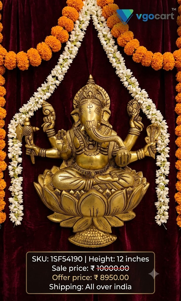 Divine Brass Chaturbhuja Ganesha on Lotus Wall Mount | Antique Vastu Vinayagar for Entryway & Mandir Decor