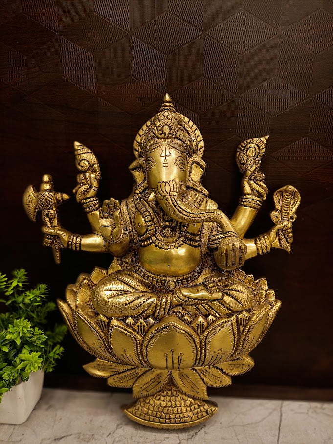 Divine Brass Chaturbhuja Ganesha on Lotus Wall Mount | Antique Vastu Vinayagar for Entryway & Mandir Decor