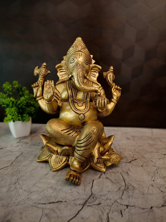 Premium Brass Ganesha on Lotus Pedestal | Padma Ganapati Idol for Vastu Purity & Luxury Heritage Decor