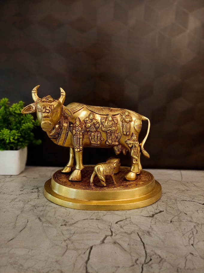 Premium Brass Kamadhenu Gomatha with Multi Gods | Sacred Cow & Calf Idol for Vastu & Complete Divine Blessings