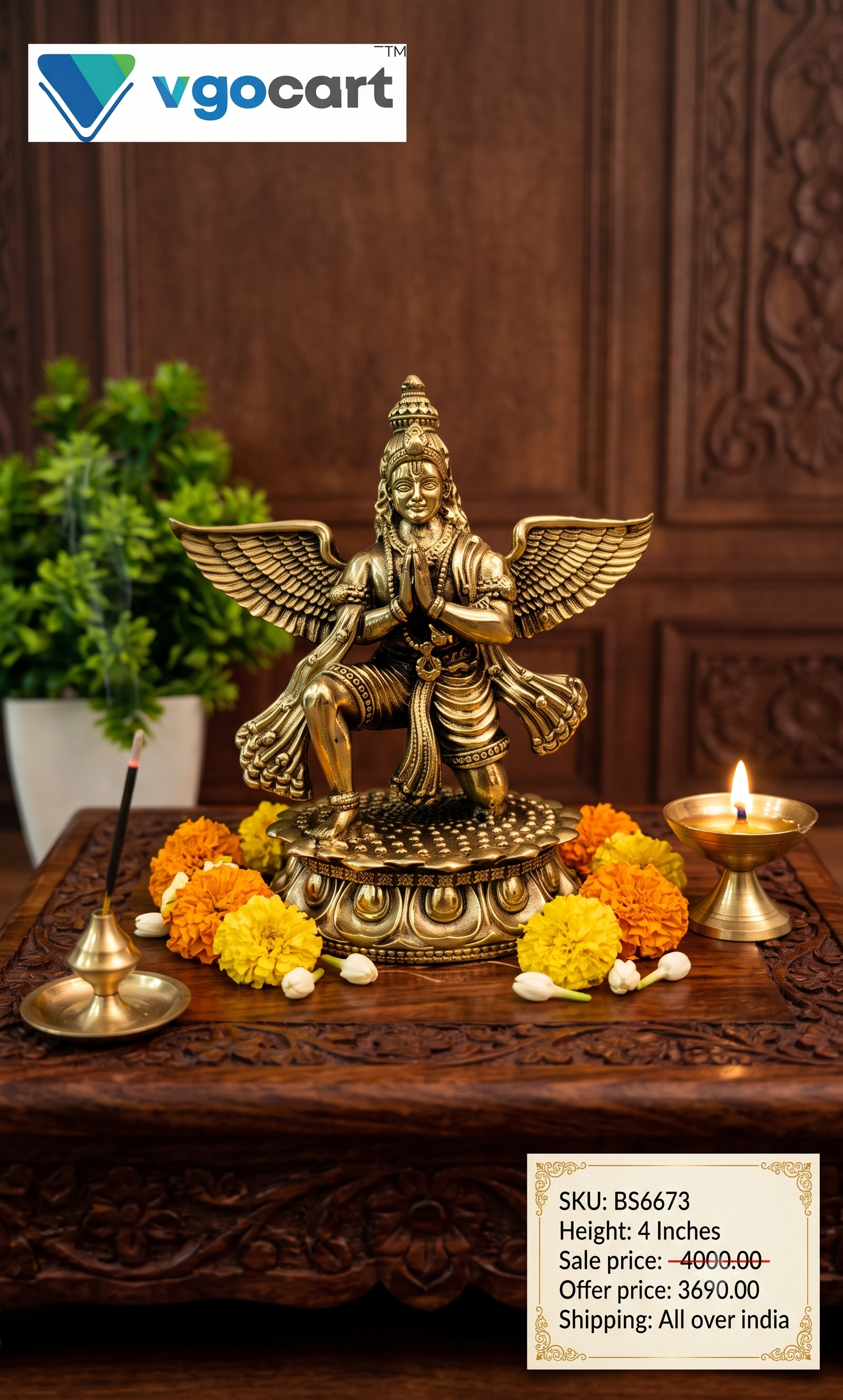 Brass Fine Art Garuda Idol | Majestic Karudan Statue for Vishnu Pooja & Vastu