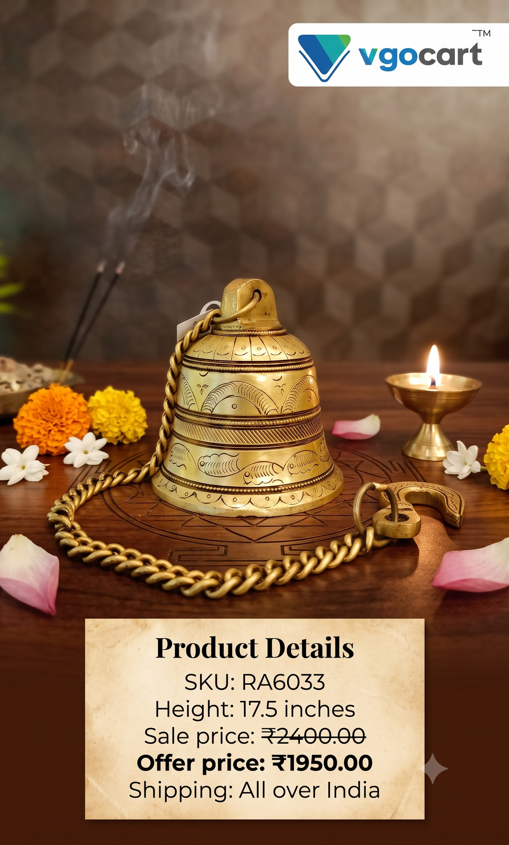 Premium Brass Hanging Bell | Traditional Temple Ghanti for Pooja Room & Vastu Cleansing
