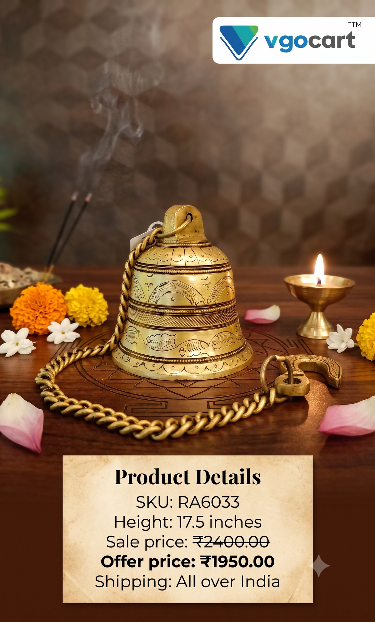 Premium Brass Hanging Bell | Traditional Temple Ghanti for Pooja Room & Vastu Cleansing