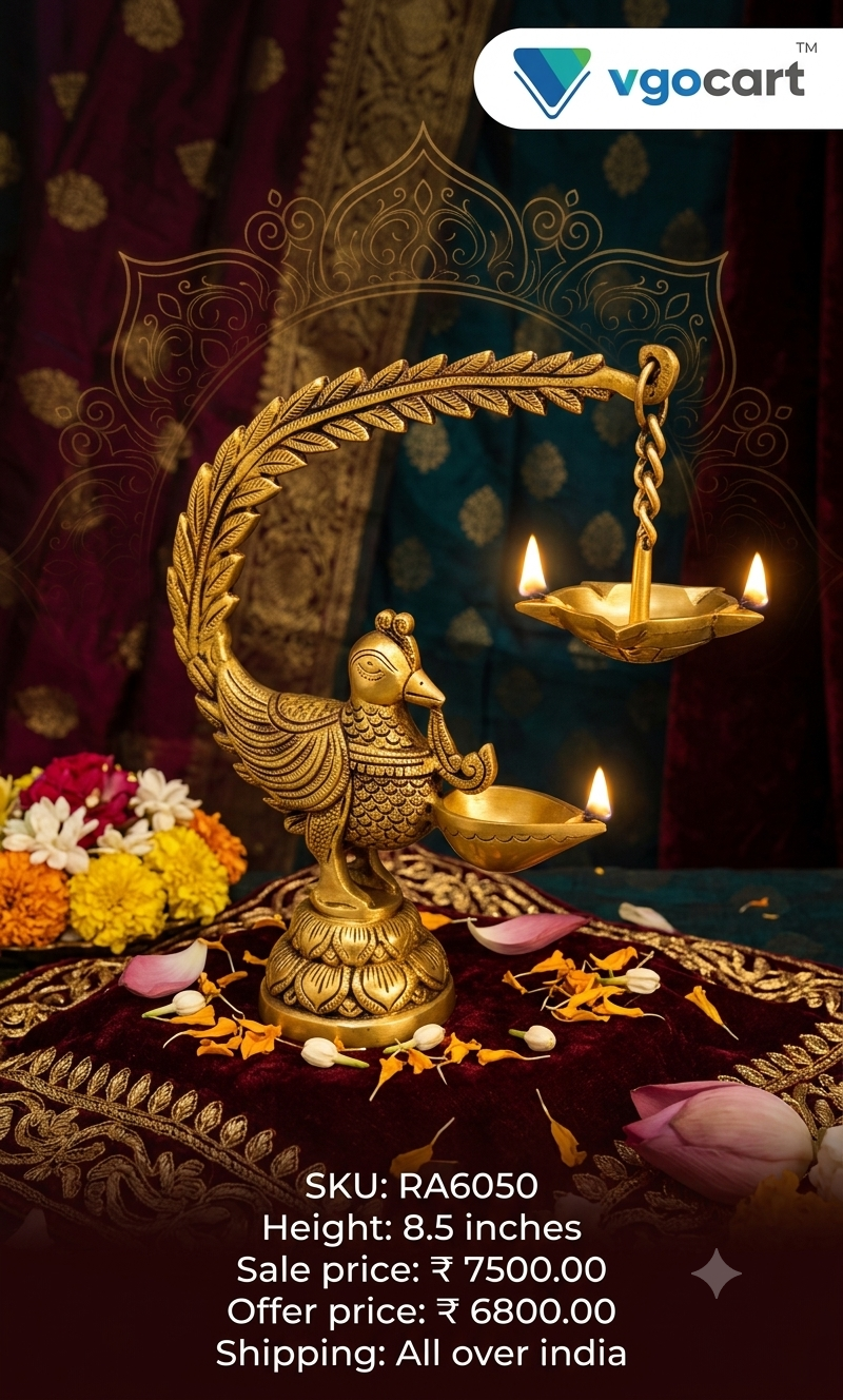 Premium Brass Single Face Peacock Diya with Hanging Lamp | Traditional Mayil Deepam for Pooja & Vastu Decor