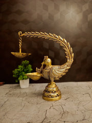 Premium Brass Single Face Peacock Diya with Hanging Lamp | Traditional Mayil Deepam for Pooja & Vastu Decor
