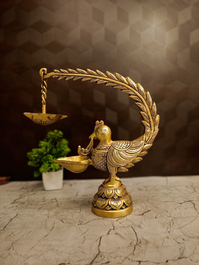 Premium Brass Single Face Peacock Diya with Hanging Lamp | Traditional Mayil Deepam for Pooja & Vastu Decor