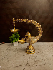 Premium Brass Single Face Peacock Diya with Hanging Lamp | Traditional Mayil Deepam for Pooja & Vastu Decor