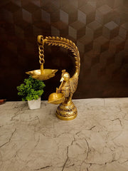 Premium Brass Single Face Peacock Diya with Hanging Lamp | Traditional Mayil Deepam for Pooja & Vastu Decor