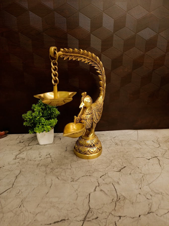 Premium Brass Single Face Peacock Diya with Hanging Lamp | Traditional Mayil Deepam for Pooja & Vastu Decor