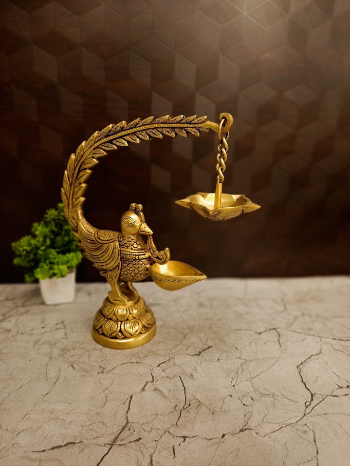 Premium Brass Single Face Peacock Diya with Hanging Lamp | Traditional Mayil Deepam for Pooja & Vastu Decor