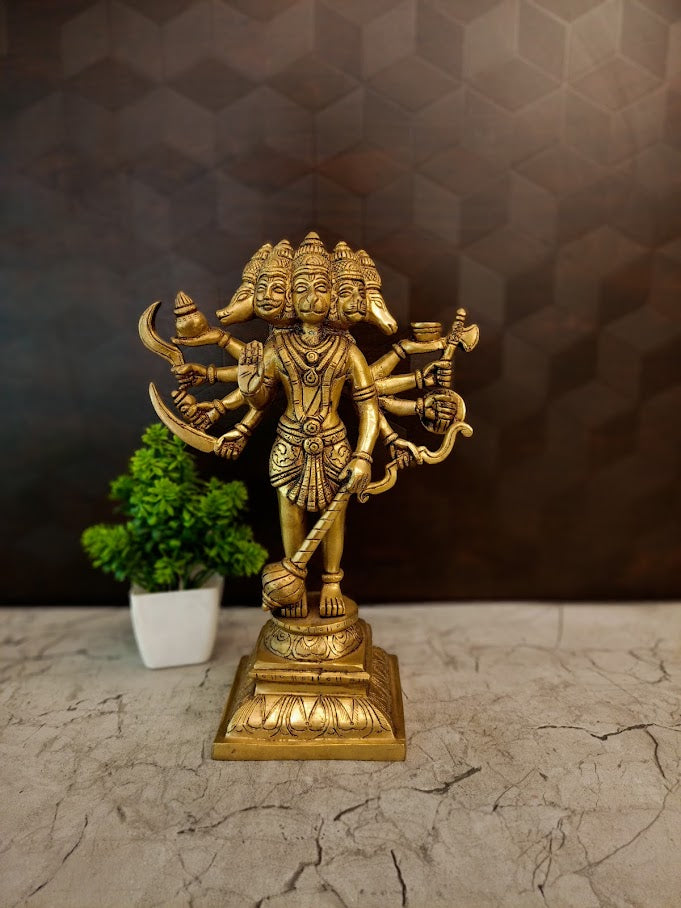 Premium Brass Panchamuga Hanuman Idol | Five-Faced Panchamukhi Anjaneya Statue for Vastu & Supreme Protection
