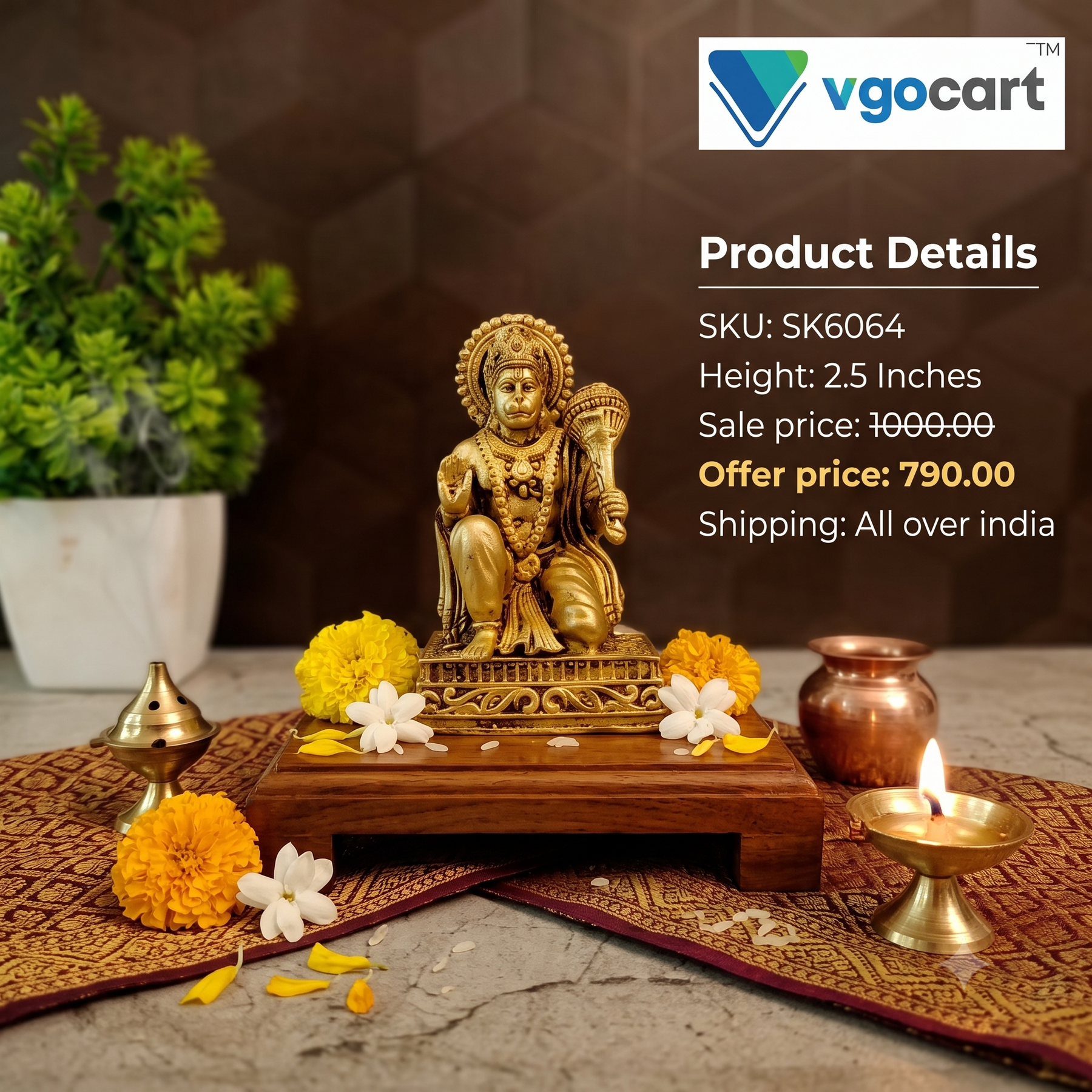 Premium Brass Fine Art Veerasana Hanuman Idol | Heroic Kneeling Anjaneya Statue for Vastu & Courage