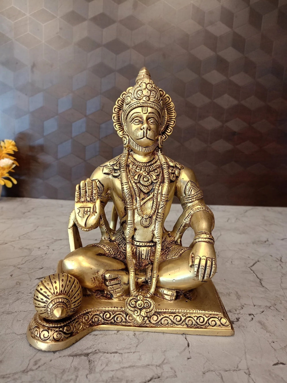 Premium Brass Hanuman Idol on Square Base | Majestic Sitting Anjaneya Statue for Vastu & Unwavering Devotion