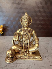 Premium Brass Hanuman Idol on Square Base | Majestic Sitting Anjaneya Statue for Vastu & Unwavering Devotion