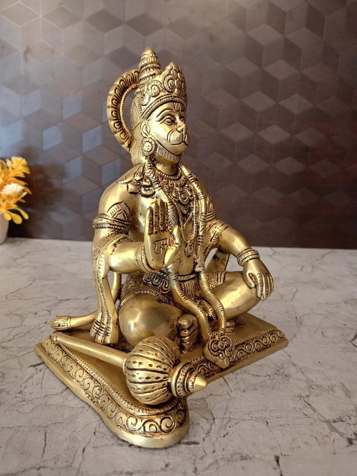 Premium Brass Hanuman Idol on Square Base | Majestic Sitting Anjaneya Statue for Vastu & Unwavering Devotion