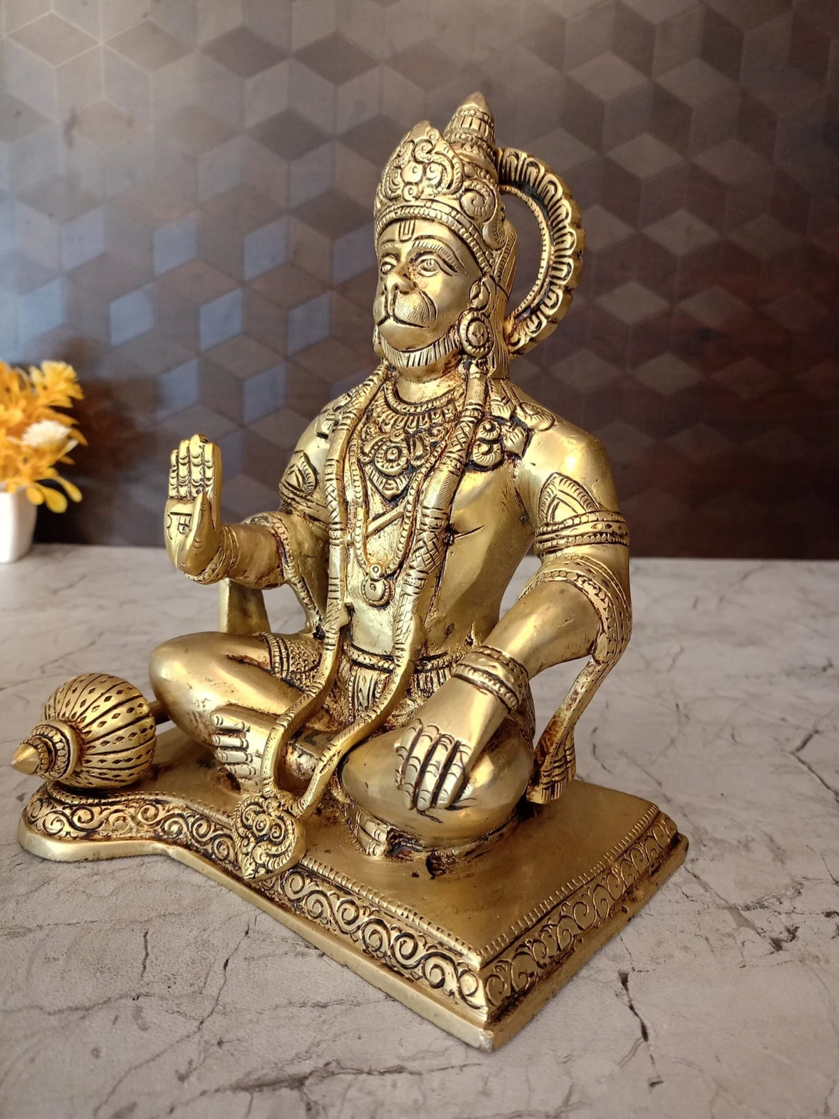 Premium Brass Hanuman Idol on Square Base | Majestic Sitting Anjaneya Statue for Vastu & Unwavering Devotion