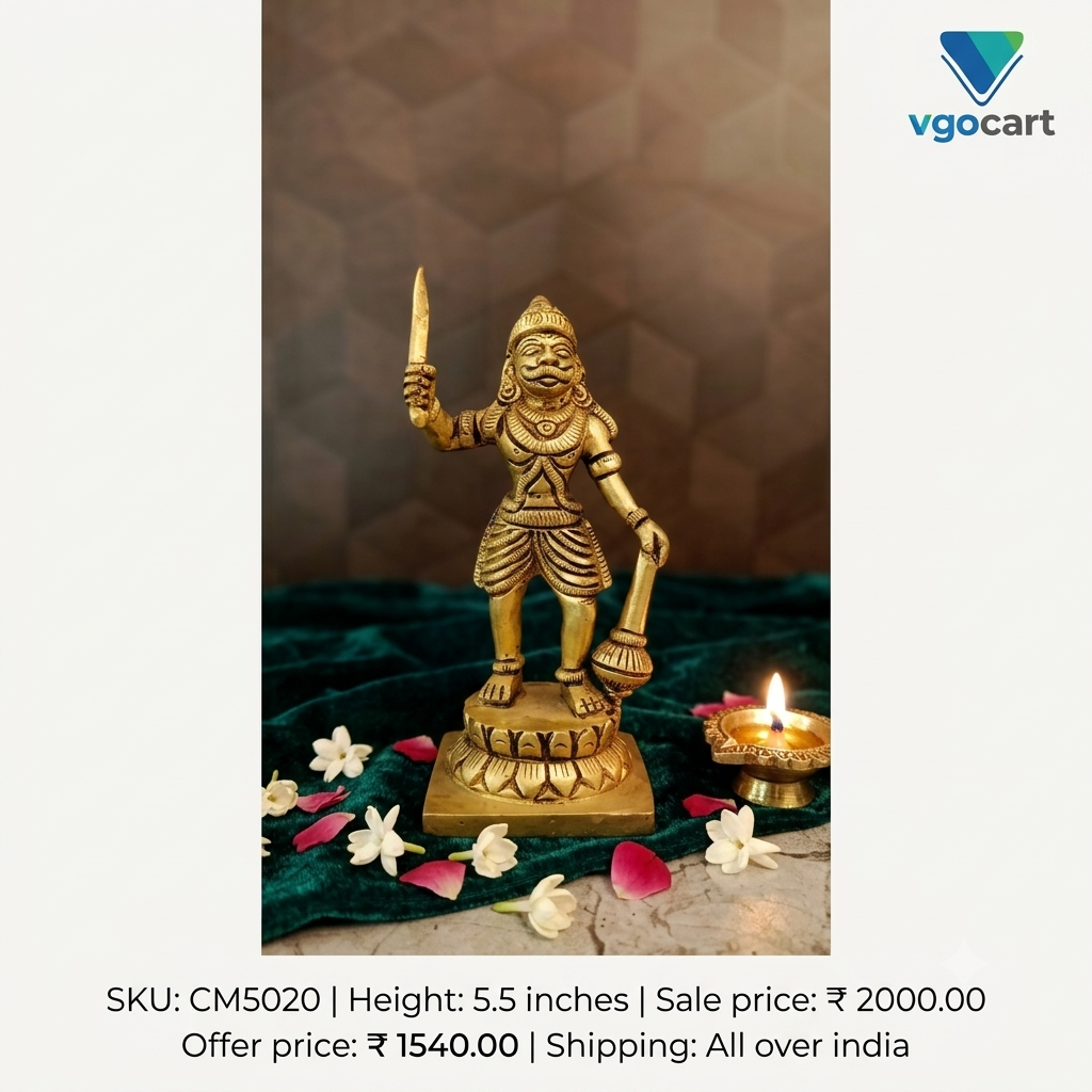 Premium Small Brass Karuppannasami Idol | Compact Kaval Deivam Guardian Statue for Vastu & Protection