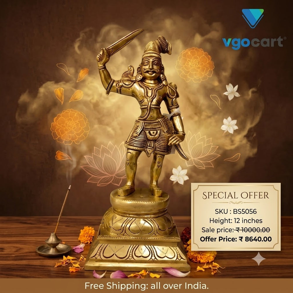 Fierce Brass Karupparayan Idol | Antique Guardian Deity Murti on Lotus Pedestal for Vastu & South Indian Heritage Altars